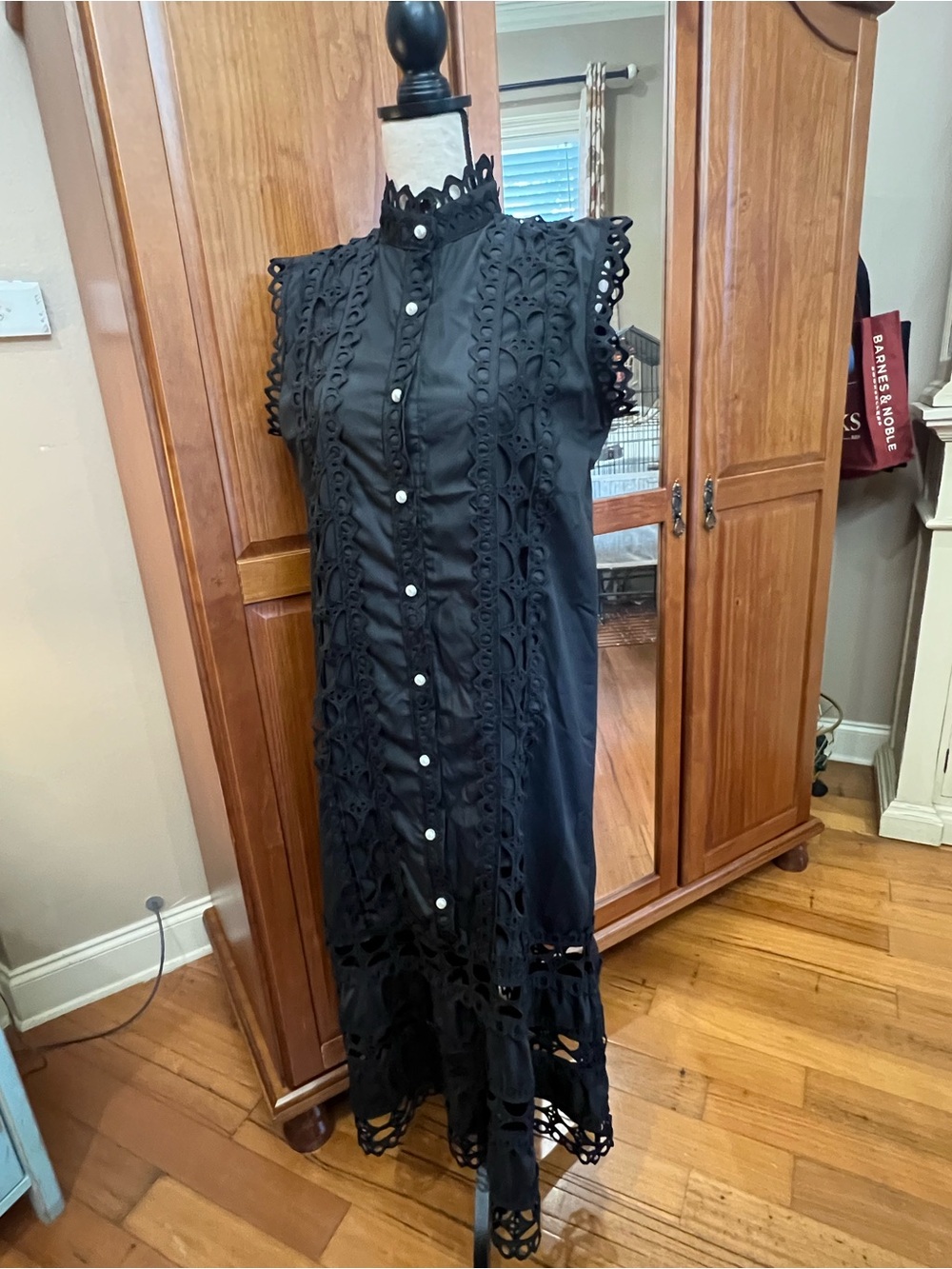 Black Lace-Trim Midi Shirt Dress with Waist Tie - Picture 4 of 14